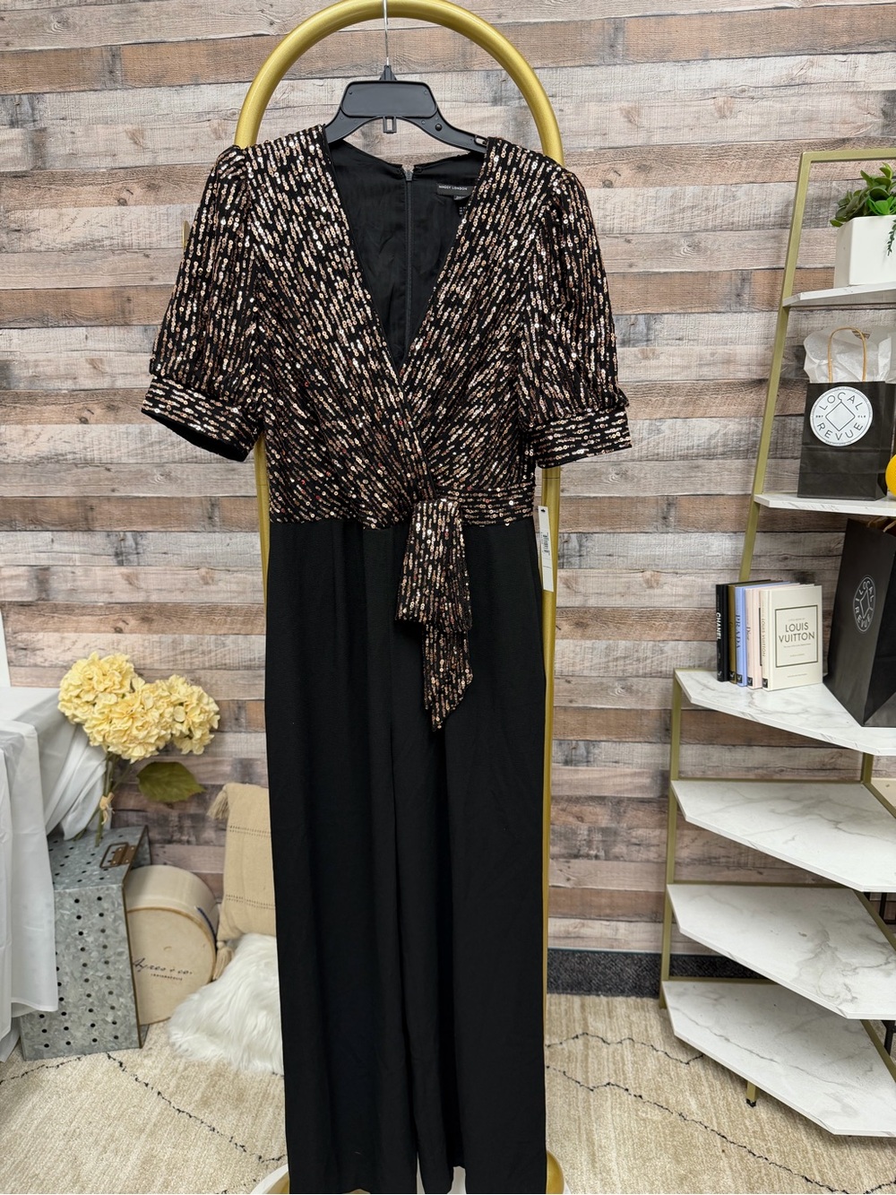 Maggie London black with gold sequin jumpsuit NWT